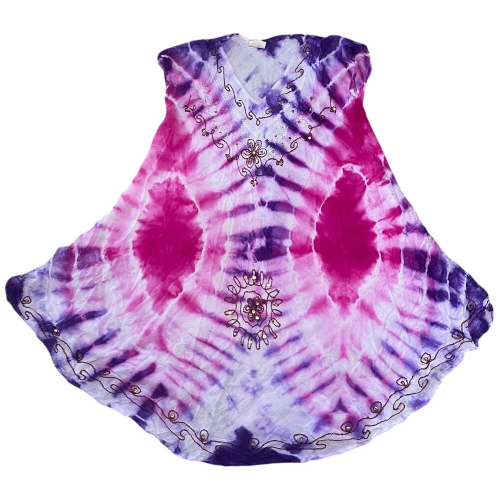 Exist One Size Tie Dye Dress Pink Purple Beaded Embroidered Boho Tunic Oversized